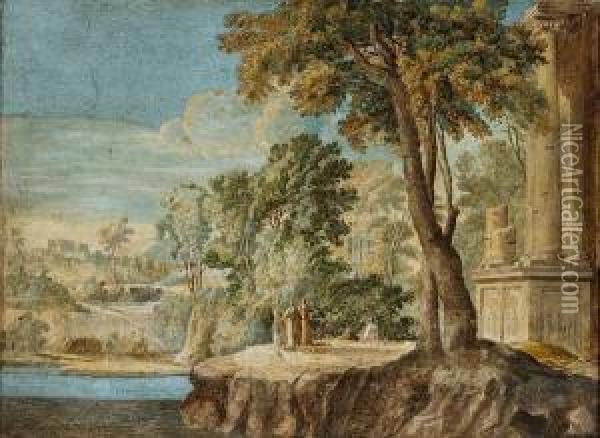 An Arcadian Landscape With Figures Byclassical Ruins Oil Painting - Pierre-Antoine Patel