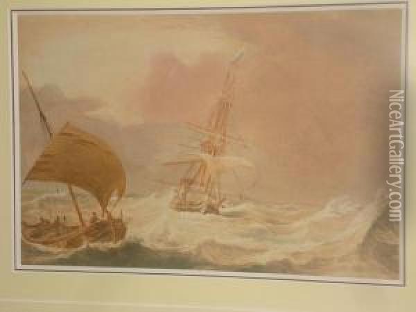 Fishing Boat And Merchant Man In A Heavysea Oil Painting - John Christian Schetky