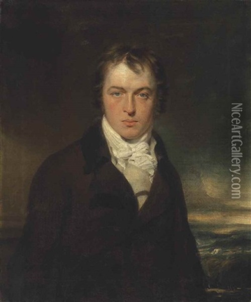Portrait Of A Gentleman, Half-length, In A Dark Coat And Cream Waistcoat, In A Landscape Oil Painting - Thomas Lawrence