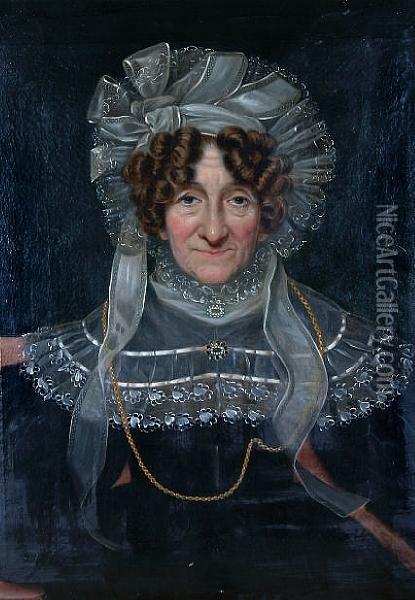 A Portrait Of Mary Priestley (nee Jones)(1796-1864) Wearing Dark Dress, Lace Shawl And Bonnet, And Goldchain, Seated Oil Painting - Thomas Kirkby