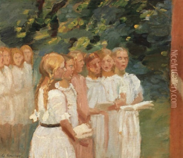 Skagenskone I Rod Og Bla Kjole Oil Painting - Anna Kirstine Ancher