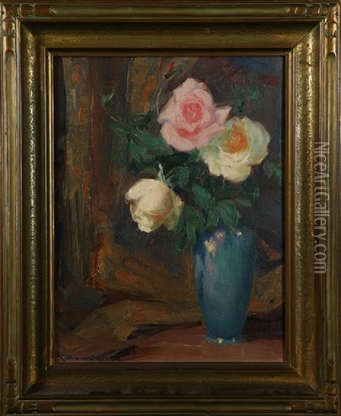 Impressionistic Still Life With Roses In A Blue Vase Oil Painting - Jean Mannheim