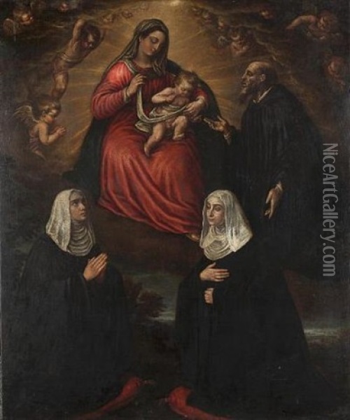 The Madonna And Child Appearing In A Vision To Two Donor Nuns And A Donor Saint Oil Painting - Leandro da Ponte Bassano