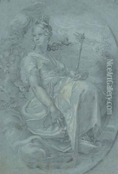 Juno seated among clouds attended by a peacock, on an inscribed oval Oil Painting - Hendrick Goltzius