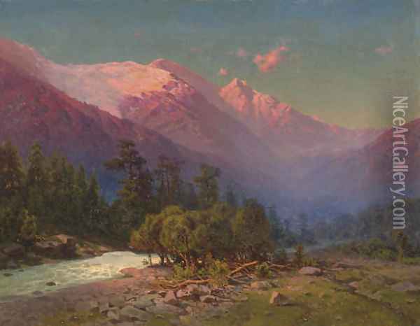 A stream running through snow-capped mountains Oil Painting - Il'ia Nikolaevich Zankovskii