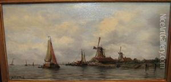 Riviere, Bateaux Et Moulins Dans Un Paysage Oil Painting - Robert Mols