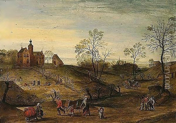 Spring - An Extensive Landscape With A View Of A Country-house With Figures Planting, Travellers On A Road In The Foreground Oil Painting - Jacob Grimmer