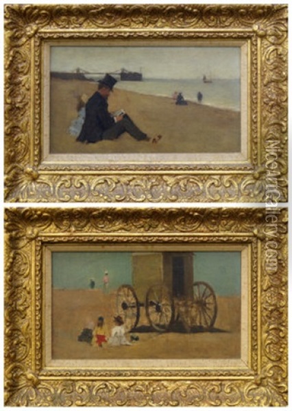 A Pair Of Coastal Scenes Depicting Children Seated By A Bathing Machine And A Man Seated With A Girl Reading Oil Painting - Horace Mann Livens