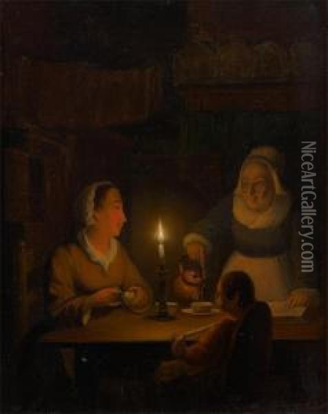 L'heure Du The A La Lueur De La Chandelle Oil Painting - Pieter Gerardus Sjamaar