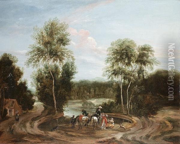 A Wooded Landscape With An Elegant Company Resting Beside A Lake Oil Painting - Pieter Snayers