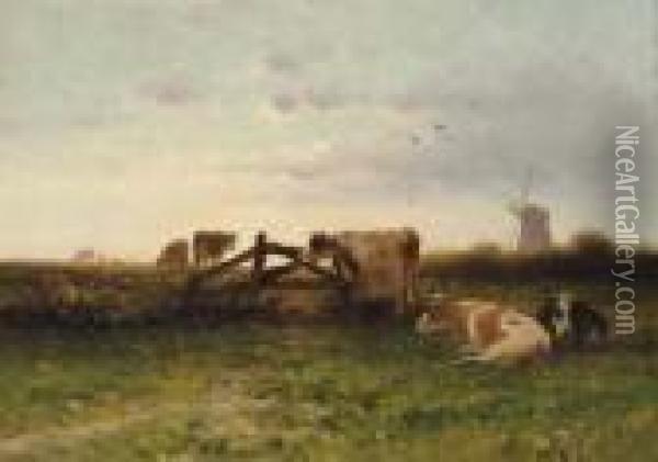 Cows In A Meadow With A Windmill At Sunset Oil Painting - Cornelis I Westerbeek