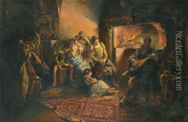 In Front Of The Fire Oil Painting - Stanislaw Batowski-Kaczor