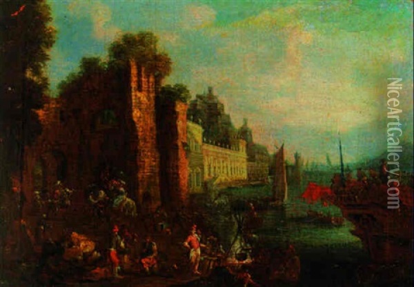 A Mediterranean Habour With Stevedores On The Shore Before A Ruined Arch, A Palace And Shipping Beyond Oil Painting - Adriaen Frans Boudewyns the Elder