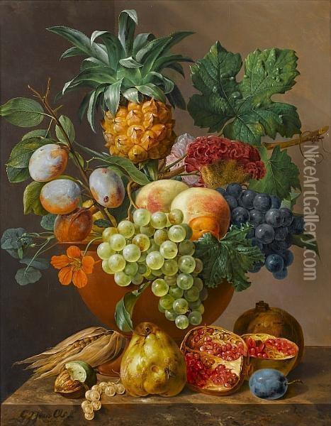 A Still Life With Mixed Fruit And Flowers On A Ledge Oil Painting - Georgius Jacobus J. Van Os