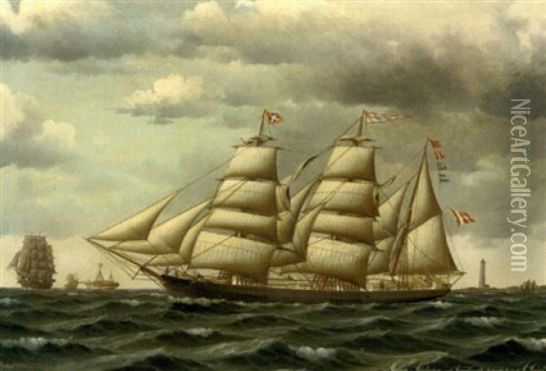 The Danish Barque "maria Aistrup" Of Frederikshavn Under Reduced Sail Off A Danish Coast Oil Painting - Jorgen Dahl