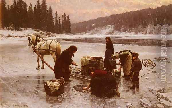 Laudering, A Winter's Day Oil Painting - Jahn Ekenaes