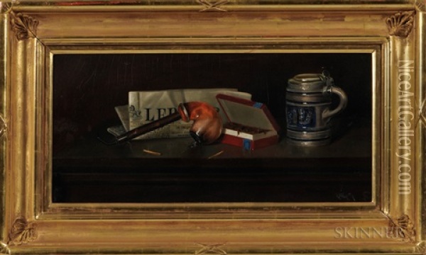 Still Life With Newspaper, Pipe, Tobacco, And Tankard Oil Painting - Richard Worsen Meade Landis