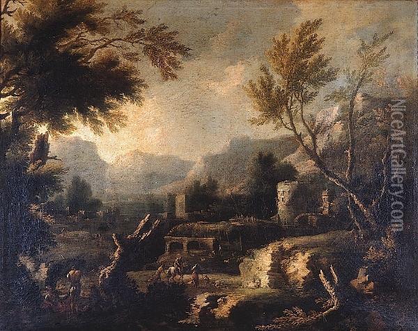 An Extensive Landscape With 
Travellers Before A Farmstead; And A Wooded Landscape With Travellers 
Crossing A Wooden Bridge Oil Painting - Michele Pagano