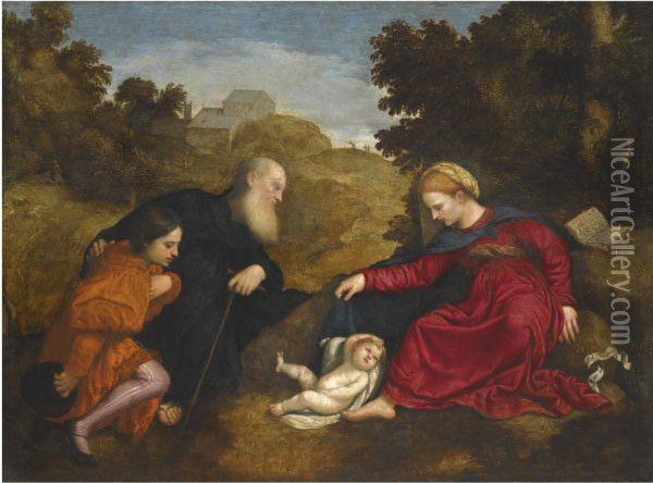 Madonna And Child With St Anthony Abbot And A Young Maledonor Oil Painting - Paris Bordone