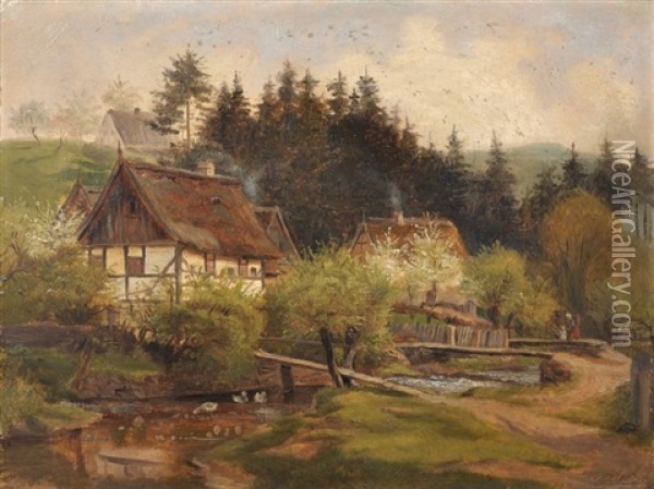 Bauernhauser Am Flus Oil Painting - Ludwig Pietsch