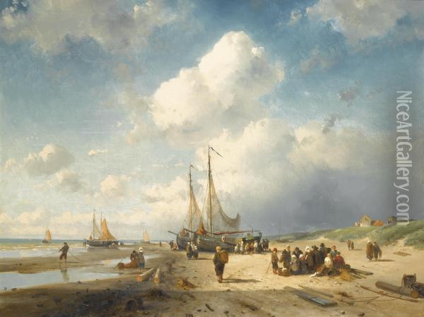 Coastal Scene With Fisherfolk Oil Painting - Charles Henri Leickert