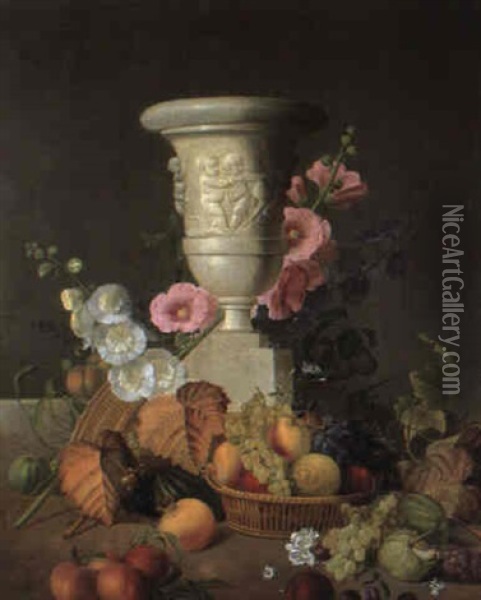 Still Life With Baskets Of Fruit And Flowers And A Stone Urn Oil Painting - Jean Louis Prevost