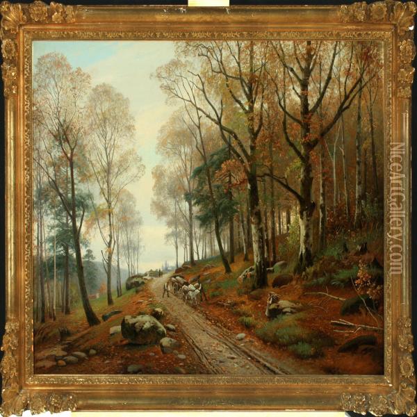 Forest Scenery Withforest Worker And Cart Oil Painting - Siegfried A. Sofus Hass