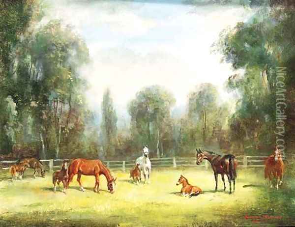 Mares and Foals grazing in a Paddock Oil Painting - H. Raoul Millais