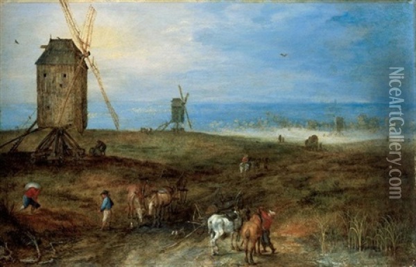 An Open Landscape With Travellers Before A Windmill Oil Painting - Jan Brueghel the Elder