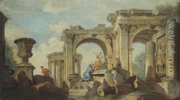 A Capriccio Of Classical Ruins, With The Temple Of The Sibyl, And Figures Conversing Oil Painting - Giovanni Paolo Panini