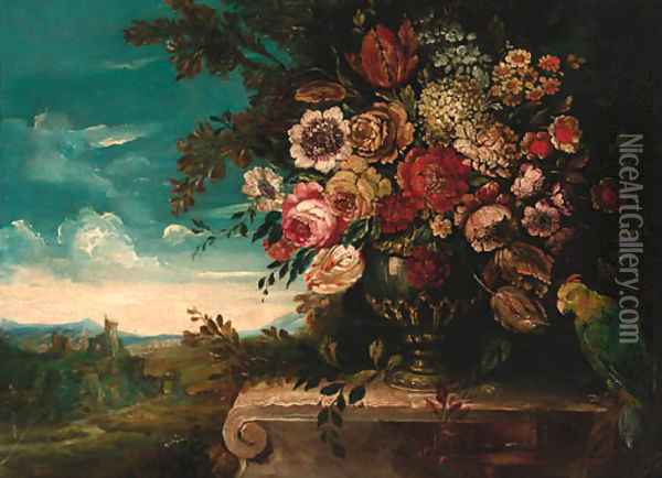 Peonies, roses, tulips and other flowers in an urn Oil Painting - Italian School