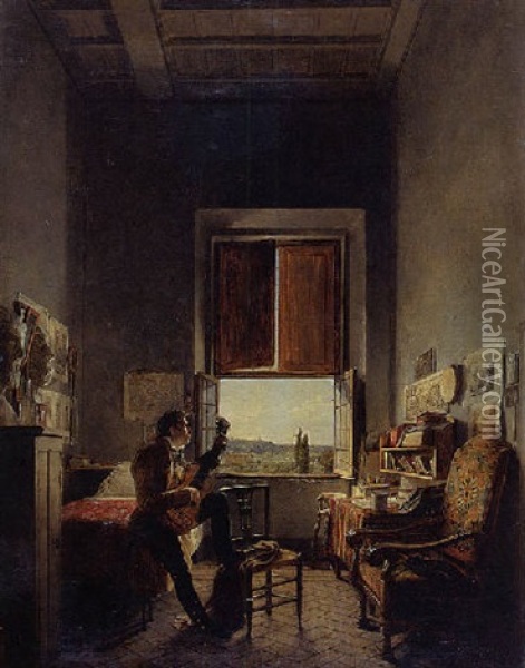 Louis Vincent Leon Palliere In His Studio At The Villa Medici, Rome Oil Painting - Jean Alaux