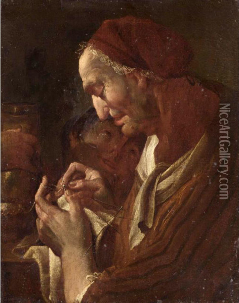 An Elderly Lady Making A Lace, A Young Child Behind Oil Painting - Ulrich Glantschnigg