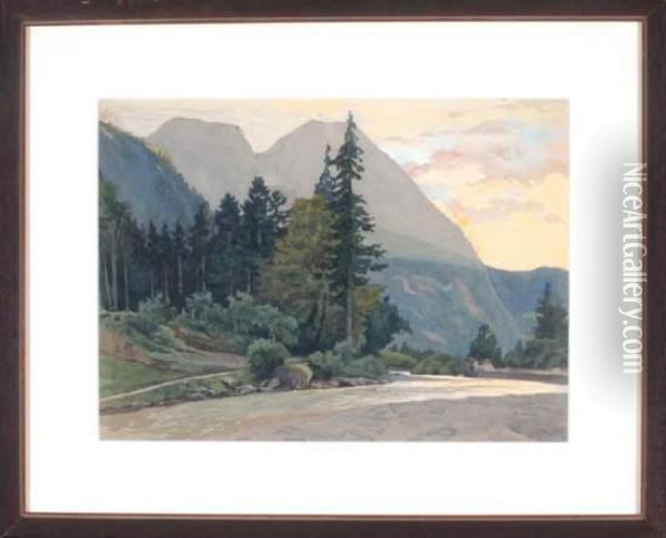 Flusslauf In Bewaldeter Berglandschaft Oil Painting - Hubert Landa