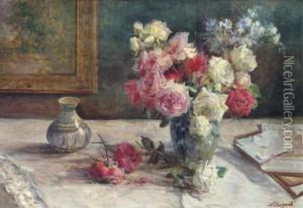 Roses, A Vase And Some Books On A Table Oil Painting - Licinio Barzanti