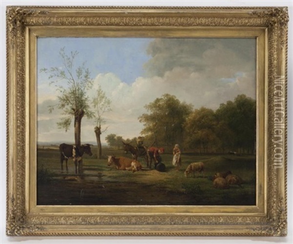 Untitled (peasants Stopping For Water) Oil Painting - Pieter Gerardus Van Os