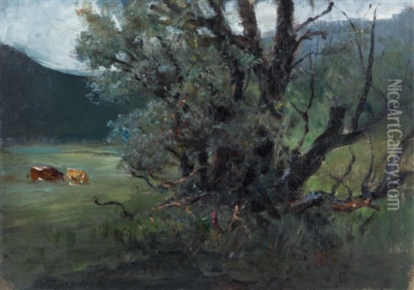 Baumstudie Mit Grasenden Rindern (olskizze) Oil Painting - Julius von Blaas