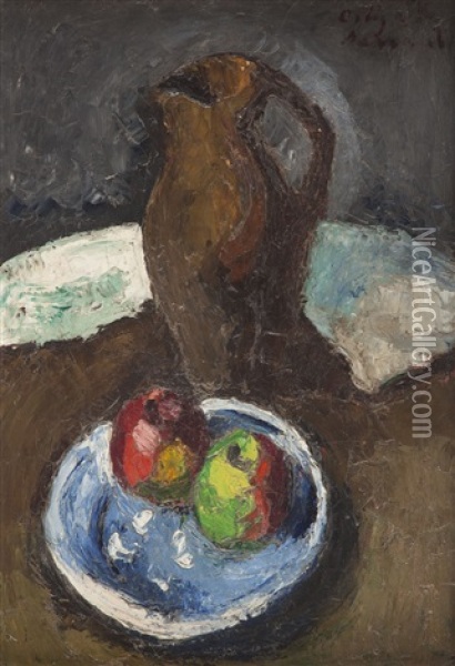 Still Life With Apple And Jug Oil Painting - Manuel Ortiz De Zarate