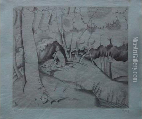 L'amour Au Bois / Lovers In The Woods. 1922. Etude Pour L'estampe (l. 230). Oil Painting - Jean Emile Laboureur