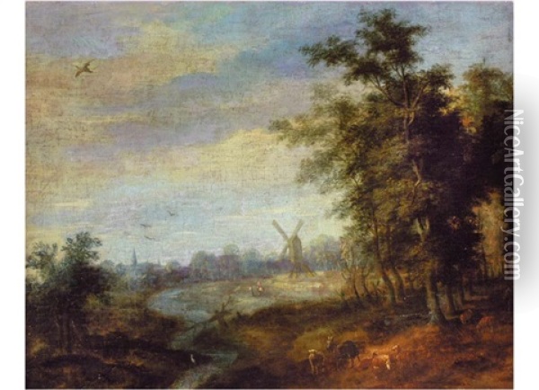 Landschaft Mit Muhle Und Tierstaffage Oil Painting - Lucas van Uhden