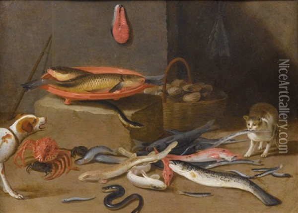 Still Life Of Eels, Sea Shells, Cat And Dog; And Still Life With A Hare, Pheasant And Duck Oil Painting - Jan van Kessel the Younger