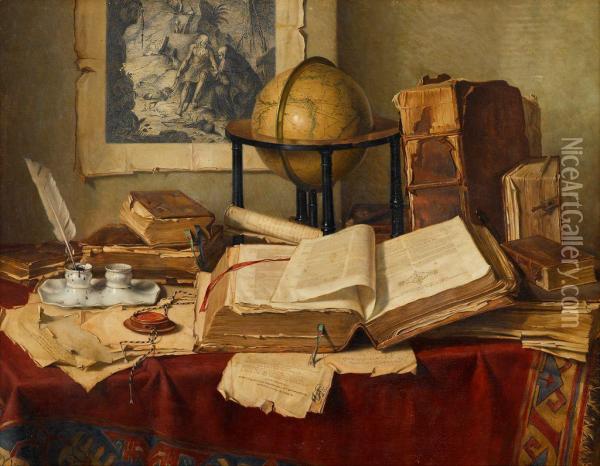 Still Life With Books, Quill Pen, Globe And Engraving Oil Painting - Josef Jurutka