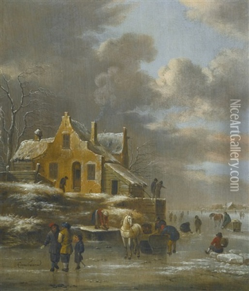 Winter Landscape With A Horse-drawn Sled And Many Figures Skating On The Frozen Riverband, A Farmhouse On A Small Hill To The Left Oil Painting - Nicolaes Molenaer