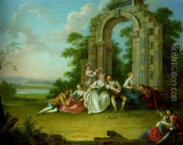 Amorous Couples Resting By A Ruined Archway In A Landscape Oil Painting - Nicolas Lancret