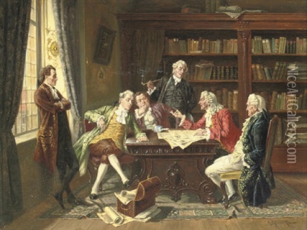 A Debate In The Library Oil Painting - Albert Joseph Franke