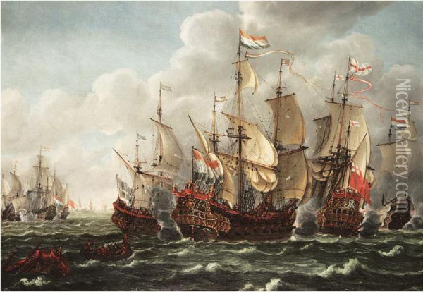 The Battle Of Texel, 1673 - Admiral De Ruyter's Flagship ``seven Provinces' Engaging Prince Rupert's Flagship ``royal Sovereign' Oil Painting - Johannes Becx