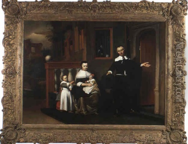 Hollaendische Familie Vor Der Haustuer Oil Painting - Cornelis Bisschop
