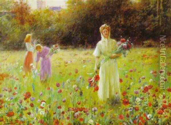 Women In A Field Of Poppies Oil Painting - Serkis Diranian