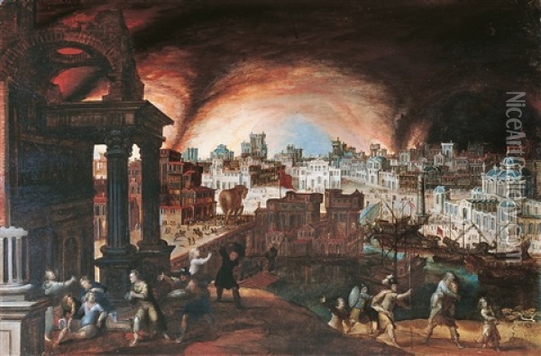 Das Brennende Troja Oil Painting - Hendrick van Cleve III
