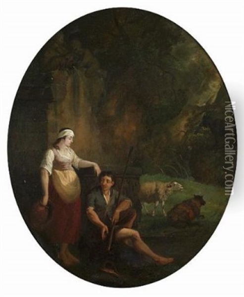 A Shepherd And Shepherdess With Their Flock Resting Beside Ruins Oil Painting - Balthasar Paul Ommeganck
